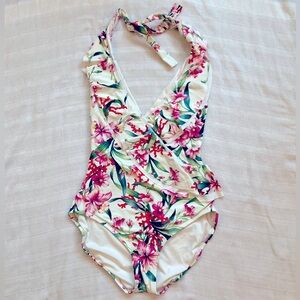 Carmen‎ Marc Valvo Floral Plunge Ruffle Halter Swimsuit Sz 12 Tropical Resort